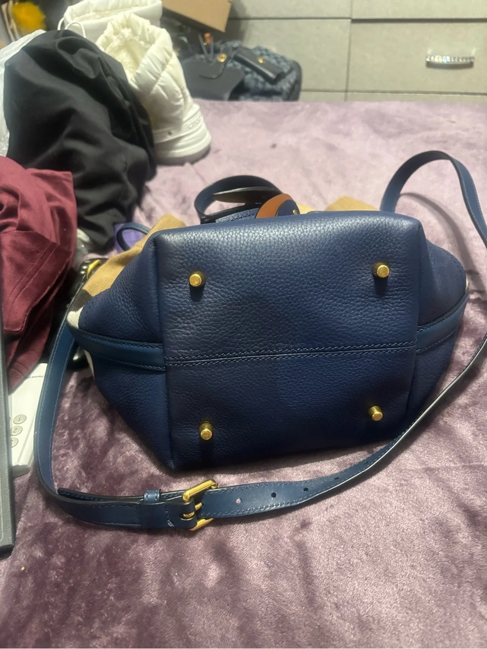 Burberry Tan, Navy & Black Check Drawstring bucket/tote Shoulder Bag
